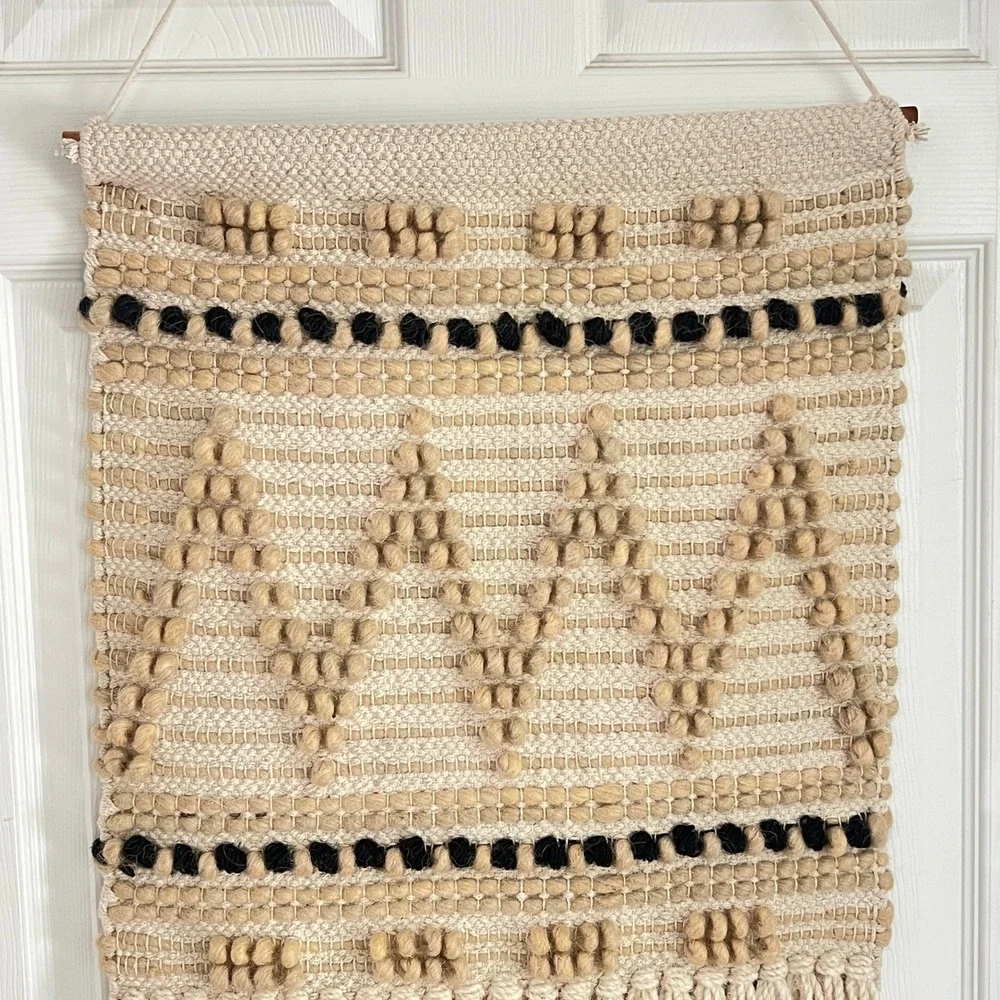 Retro Woven Wall Hanging‎ Home Decor Large Textured Fringe Cream Boho Tribal